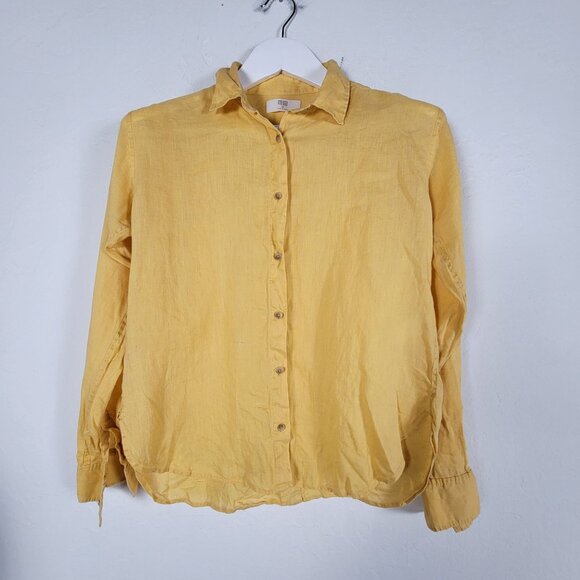 Uniqlo Womens Yellow Button-Up Long Sleeve Linen Shirt Small Casual Lightweight - Picture 1 of 8